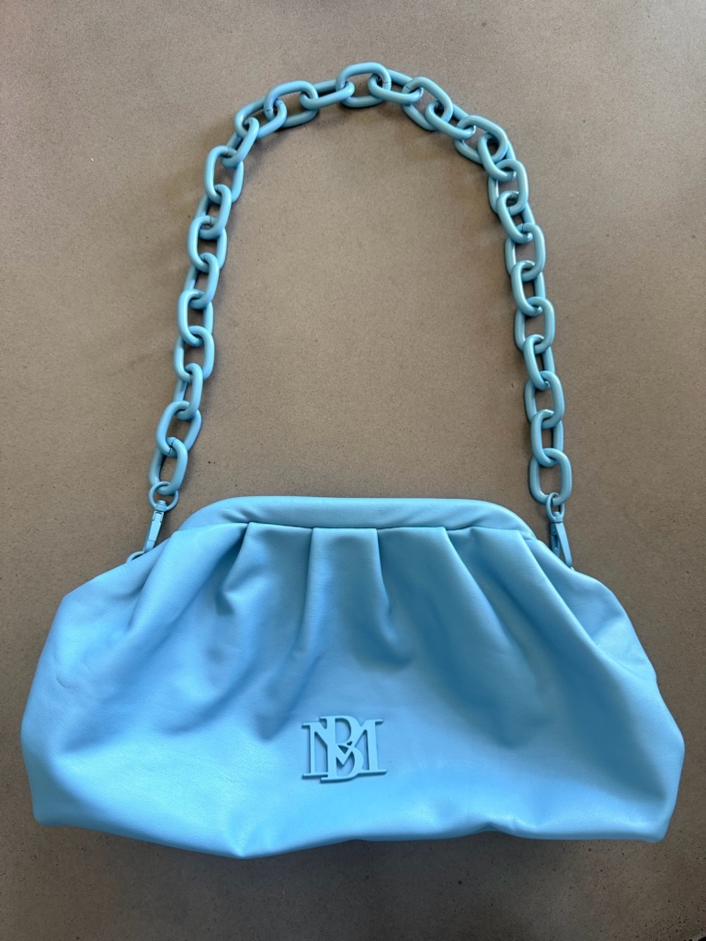 Blue Vegan Leather Shoulder Bag | Blue Chain | Clutch Closure